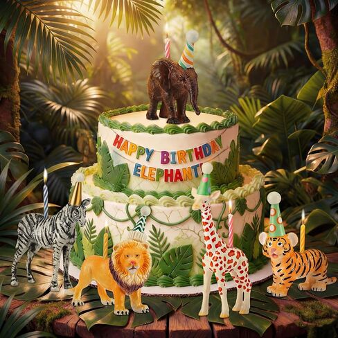 5 Pcs Safari Jungle Animal Cake Candle Holders Resin Animals Figures Cake Topper Birthday Party Decor Giraffe Lion Elephant Zebra Tiger Candle Stands for Wild Animals Themed Party Decor in Kuwait