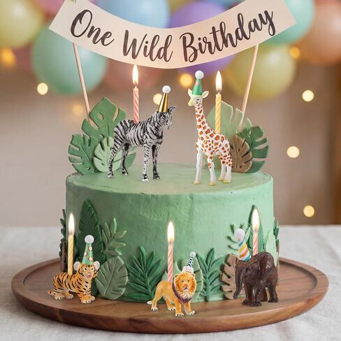 5 Pcs Safari Jungle Animal Cake Candle Holders Resin Animals Figures Cake Topper Birthday Party Decor Giraffe Lion Elephant Zebra Tiger Candle Stands for Wild Animals Themed Party Decor in Kuwait