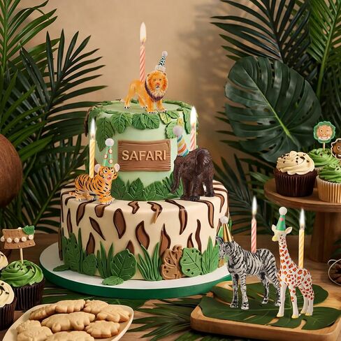 5 Pcs Safari Jungle Animal Cake Candle Holders Resin Animals Figures Cake Topper Birthday Party Decor Giraffe Lion Elephant Zebra Tiger Candle Stands for Wild Animals Themed Party Decor in Kuwait