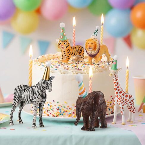 5 Pcs Safari Jungle Animal Cake Candle Holders Resin Animals Figures Cake Topper Birthday Party Decor Giraffe Lion Elephant Zebra Tiger Candle Stands for Wild Animals Themed Party Decor in Kuwait