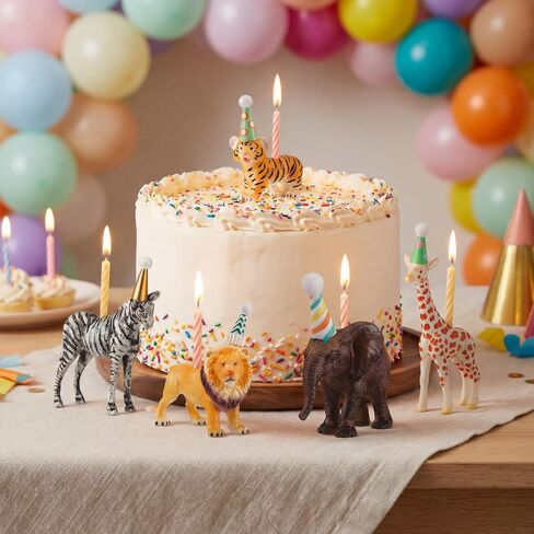 5 Pcs Safari Jungle Animal Cake Candle Holders Resin Animals Figures Cake Topper Birthday Party Decor Giraffe Lion Elephant Zebra Tiger Candle Stands for Wild Animals Themed Party Decor in Kuwait