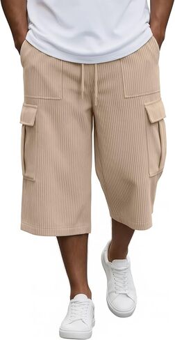 August Alley Men's Shorts Below Knee Corduroy Capris Pants Baggy Long Shorts Wide Leg with Drawstring Pocket in Kuwait