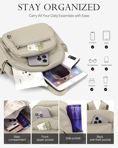 Mini Backpack for Women, Small Lightweight Travel Backpack Purse | Casual Nylon Daypack, Work Bag, Cute Water-Resistant Bookbag, Beige in Saudi Arabia