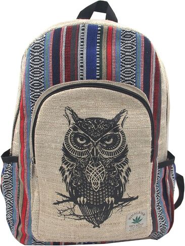 Natural Handmade Large Multi Pocket Hemp Nepal Backpack (Owl) in Saudi Arabia
