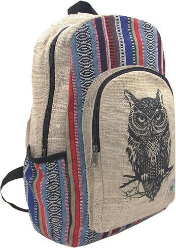 Natural Handmade Large Multi Pocket Hemp Nepal Backpack (Owl) in Saudi Arabia