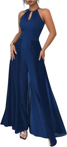 OYOANGLE Women's Wide Leg Halter Jumpsuit Mesh Keyhole Front Overalls Elegant Dressy One Piece Outfits in Kuwait