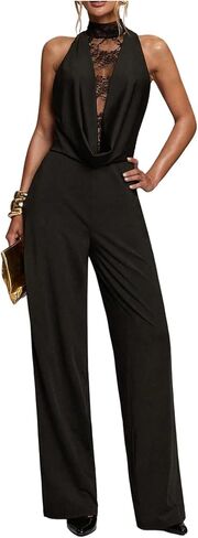 MakeMeChic Women's Elegant Lace Dressy Jumpsuit Sleeveless Draped Wide Leg Pants Romper One Piece Outfits in Kuwait
