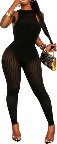 WEICHUJIAN Women’s Sheer Mesh Jumpsuit Cutout One Piece Sleeveless High Stretch Bodycon Sexy Clubwear Party Outfit in Saudi Arabia
