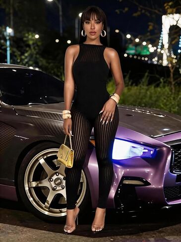 WEICHUJIAN Women’s Sheer Mesh Jumpsuit Cutout One Piece Sleeveless High Stretch Bodycon Sexy Clubwear Party Outfit in Saudi Arabia