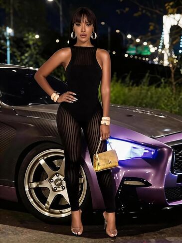 WEICHUJIAN Women’s Sheer Mesh Jumpsuit Cutout One Piece Sleeveless High Stretch Bodycon Sexy Clubwear Party Outfit in Saudi Arabia