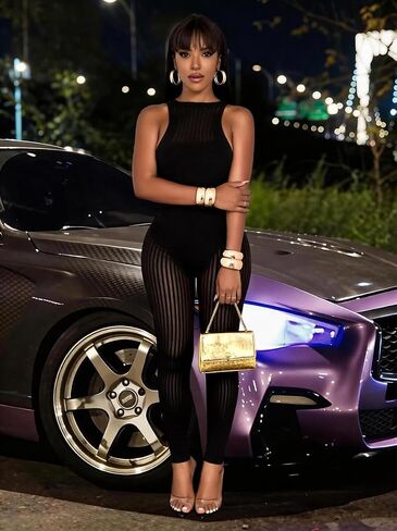 WEICHUJIAN Women’s Sheer Mesh Jumpsuit Cutout One Piece Sleeveless High Stretch Bodycon Sexy Clubwear Party Outfit in Saudi Arabia