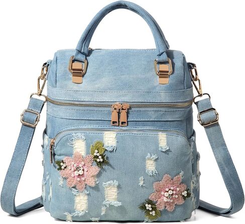 Washed Denim Backpack Purse for Women Distressed Denim Daypack Fashion Blue Jean Bags (Deep Blue) in Saudi Arabia