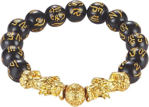 KINLNGEE Pixiu Feng Shui Bracelet, Dual 24K Gold-Plated Pixiu with Black Obsidian Beads for Wealth, Protection & Good Luck, Jewelry Gift(10mm) in Saudi Arabia