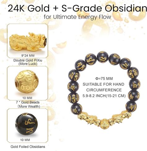 KINLNGEE Pixiu Feng Shui Bracelet, Dual 24K Gold-Plated Pixiu with Black Obsidian Beads for Wealth, Protection & Good Luck, Jewelry Gift(10mm) in Saudi Arabia