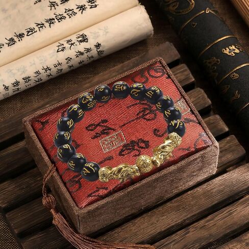 KINLNGEE Pixiu Feng Shui Bracelet, Dual 24K Gold-Plated Pixiu with Black Obsidian Beads for Wealth, Protection & Good Luck, Jewelry Gift(10mm) in Saudi Arabia