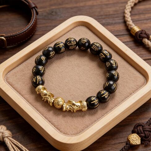 KINLNGEE Pixiu Feng Shui Bracelet, Dual 24K Gold-Plated Pixiu with Black Obsidian Beads for Wealth, Protection & Good Luck, Jewelry Gift(10mm) in Saudi Arabia
