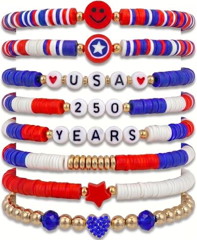 4th of July Patriotic Bracelets for Women Men, Red White and Blue Beaded Stretch Stackable Bracelet Set, Colorfast Independence Day Jewelry Accessories for Summer Beach & Parades in Saudi Arabia