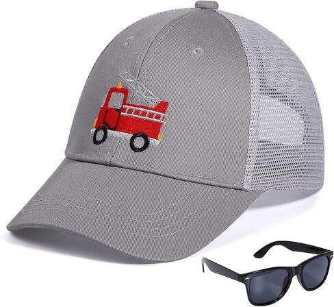 BEARAE Kids Fire Trucks Baseball Cap with Sunglasses, Breathable Mesh Adjustable Snapback Trucker Sun Hat for Boys Girls 3-8Y in Saudi Arabia
