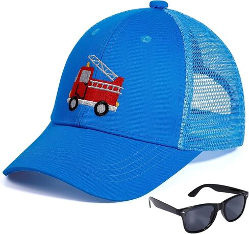 BEARAE Kids Fire Trucks Baseball Cap with Sunglasses, Breathable Mesh Adjustable Snapback Trucker Sun Hat for Boys Girls 3-8Y in Saudi Arabia