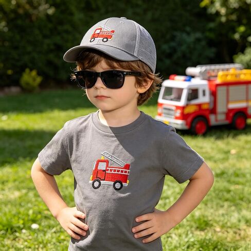 BEARAE Kids Fire Trucks Baseball Cap with Sunglasses, Breathable Mesh Adjustable Snapback Trucker Sun Hat for Boys Girls 3-8Y in Saudi Arabia