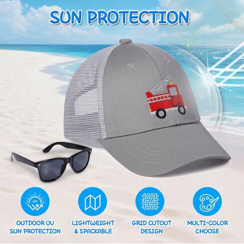 BEARAE Kids Fire Trucks Baseball Cap with Sunglasses, Breathable Mesh Adjustable Snapback Trucker Sun Hat for Boys Girls 3-8Y in Saudi Arabia