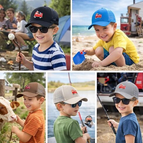 BEARAE Kids Fire Trucks Baseball Cap with Sunglasses, Breathable Mesh Adjustable Snapback Trucker Sun Hat for Boys Girls 3-8Y in Saudi Arabia