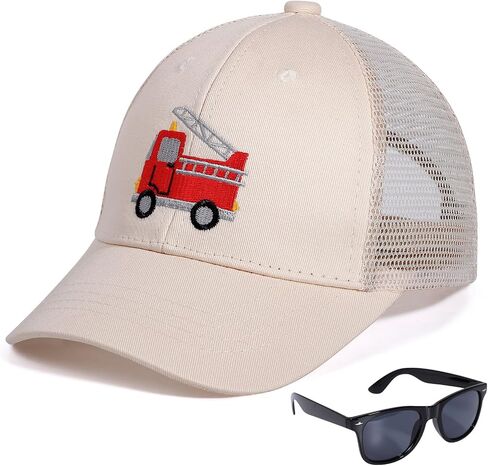 BEARAE Kids Fire Trucks Baseball Cap with Sunglasses, Breathable Mesh Adjustable Snapback Trucker Sun Hat for Boys Girls 3-8Y in Saudi Arabia