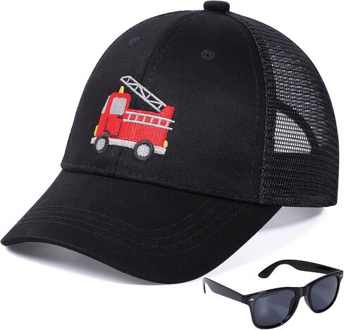 BEARAE Kids Fire Trucks Baseball Cap with Sunglasses, Breathable Mesh Adjustable Snapback Trucker Sun Hat for Boys Girls 3-8Y in Saudi Arabia
