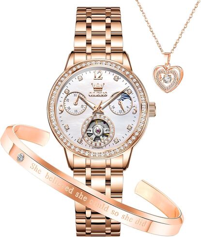 OLEVS Womens Mechanical Watch Diamond Tourbillon Elegant Dress Stainless Steel Waterproof 30M Luminous Ladies Watches Set Gift in Kuwait