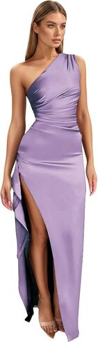 Womens One Shoulder Ruched Side Satin Wedding Guest Dresses Adjustable Straps High Slit Backless Cocktail Maxi Dress in Saudi Arabia