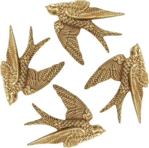 Lemecima Set of 4 Vintage Bird Wall Sculpture Decor, 4.7 Inch Antique Gold 3D Sculpted Bird Resin Hanging Art Floating Ornament for Living Room Garden Outdoor Wall, Housewarming Gift in Kuwait