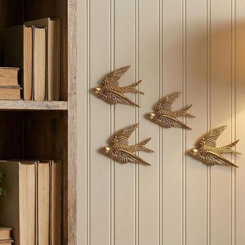 Lemecima Set of 4 Vintage Bird Wall Sculpture Decor, 4.7 Inch Antique Gold 3D Sculpted Bird Resin Hanging Art Floating Ornament for Living Room Garden Outdoor Wall, Housewarming Gift in Kuwait