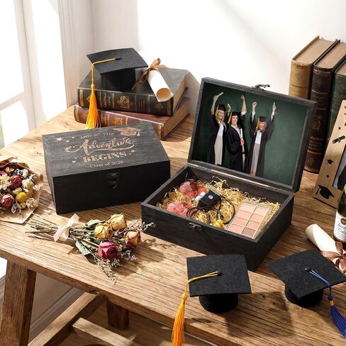 BreezeHug 2 Pack Personalized Graduation Keepsake Box 2026 Graduation Cap Gift Box Wooden Memory Chest Boxes with Photo Slot Engraving Grad Gift Boxes for College Him Her Memento, 8.6 x 6.3 x 3.2 in in Saudi Arabia
