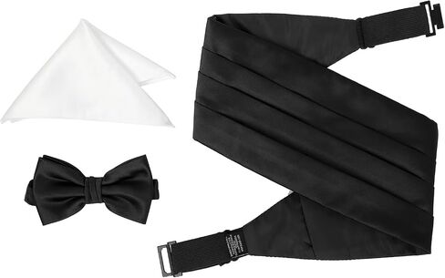 Mens Formal Solid Black Pre-tied Bow Tie and Pocket Square and Cummerbund Set in Kuwait