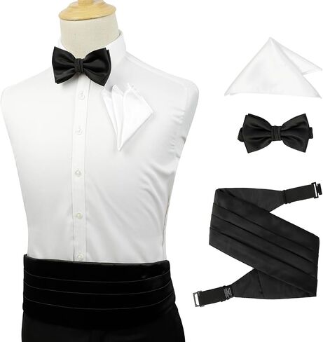 Mens Formal Solid Black Pre-tied Bow Tie and Pocket Square and Cummerbund Set in Kuwait