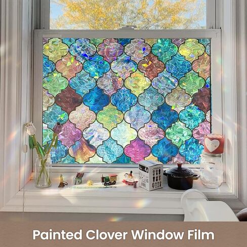 ADD.HERES Window Privacy Film, Stained Glass Decorative Static Cling, Removable Laser Sun Blocking Vinyl Covering, Window Film for Home Kitchen Living Room, Painted Four-Leaf Clover, 17.5" x 78.7" in Saudi Arabia