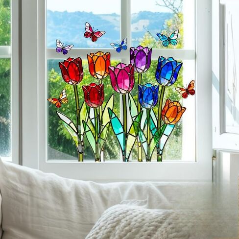 Colorful Tulip Butterfly Static Cling Window Decal – Double-Sided Glass Sticker, Sunlight Refraction Stained Glass Effect for Kitchen or Bedroom Window in Kuwait