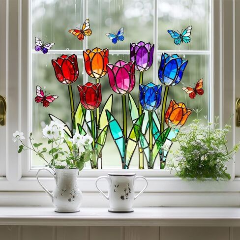 Colorful Tulip Butterfly Static Cling Window Decal – Double-Sided Glass Sticker, Sunlight Refraction Stained Glass Effect for Kitchen or Bedroom Window in Kuwait