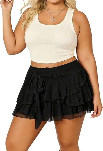 Moon Wood Plus Size Ruffle Mini Skirt for Women Mesh Layered High Waist Flowy Skort Y2K Skirts for Party Club Summer in Kuwait
