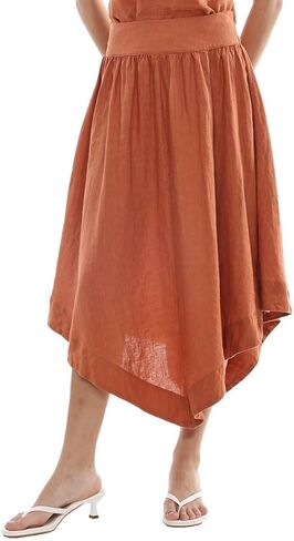Amazhiyu Women’s Pure Linen Handkerchief Midi Skirt Asymmetrical Pleated A-Line Skirts in Kuwait