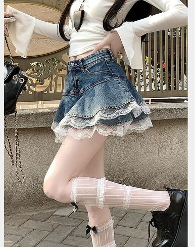 Denim Lace Mini Skirt A-line Pleated Ruffled Short Denim Mini Skirt with Lace Trim and Built-in Shorts Casual Streetwear in Saudi Arabia