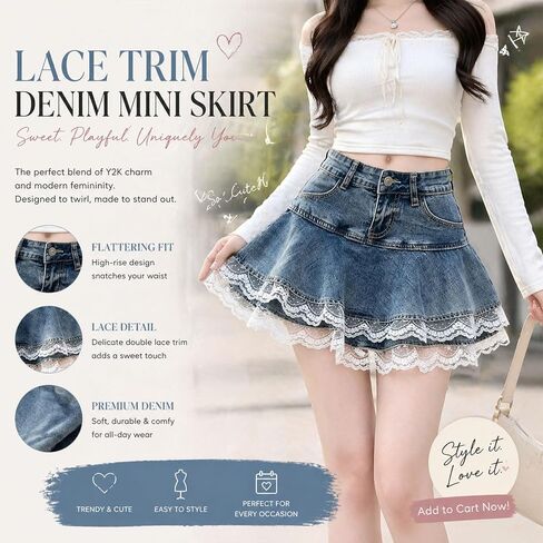 Denim Lace Mini Skirt A-line Pleated Ruffled Short Denim Mini Skirt with Lace Trim and Built-in Shorts Casual Streetwear in Saudi Arabia