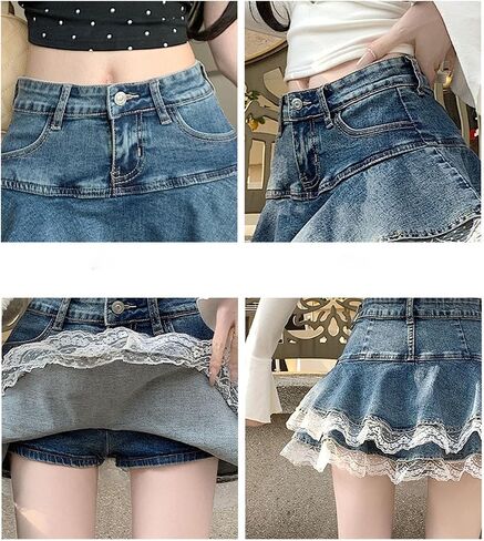 Denim Lace Mini Skirt A-line Pleated Ruffled Short Denim Mini Skirt with Lace Trim and Built-in Shorts Casual Streetwear in Saudi Arabia