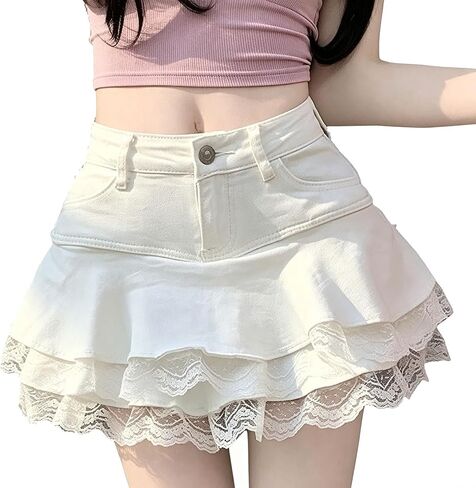 Denim Lace Mini Skirt A-line Pleated Ruffled Short Denim Mini Skirt with Lace Trim and Built-in Shorts Casual Streetwear in Saudi Arabia