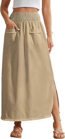 Bsubseach Maxi Skirts for Women Spring 2026 Linen Skirt with Side Slit Elastic Waist Long Ankle-Length Skirts with Pockets in Saudi Arabia