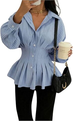 GORGLITTER المرأة كم طويل Cinched الخصر Peplum بلوزة مخطط زر أسفل الياقة الأعمال عارضة بيبي دول قمصان in Kuwait