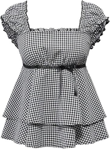 Floerns Women's Plus Size Gingham Cute Babydoll Tops Bow Square Neck Layered Y2k Blouses in Kuwait