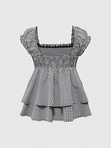 Floerns Women's Plus Size Gingham Cute Babydoll Tops Bow Square Neck Layered Y2k Blouses in Kuwait