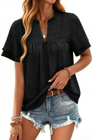 Halife Womens Summer Boho Tops V Neck Ruffle Short Sleeve Blouses Dressy Casual Lace Edges Swiss Dot Flowy Shirts in Saudi Arabia