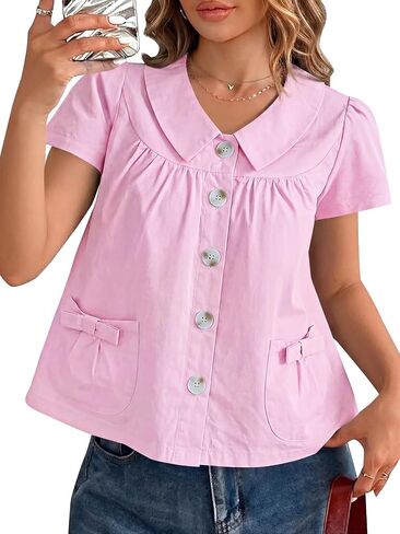 Tankaneo Womens Peter Pan Collar Button Down Shirts Short Sleeve Summer Casual Babydoll Blouse Cute Trendy Cotton Preppy Tops in Kuwait